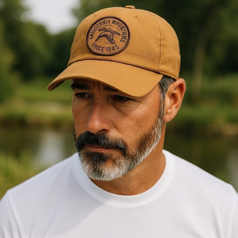 California Waterfowl Since 1945 Canvas Baseball Cap in Mustard Yellow